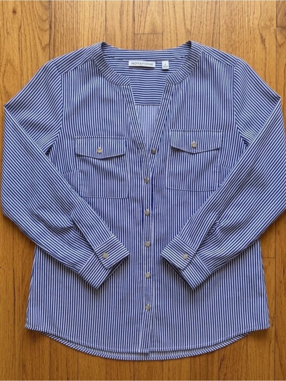 Notations Small Blue White Striped Utility Button Front Shirt Blouse